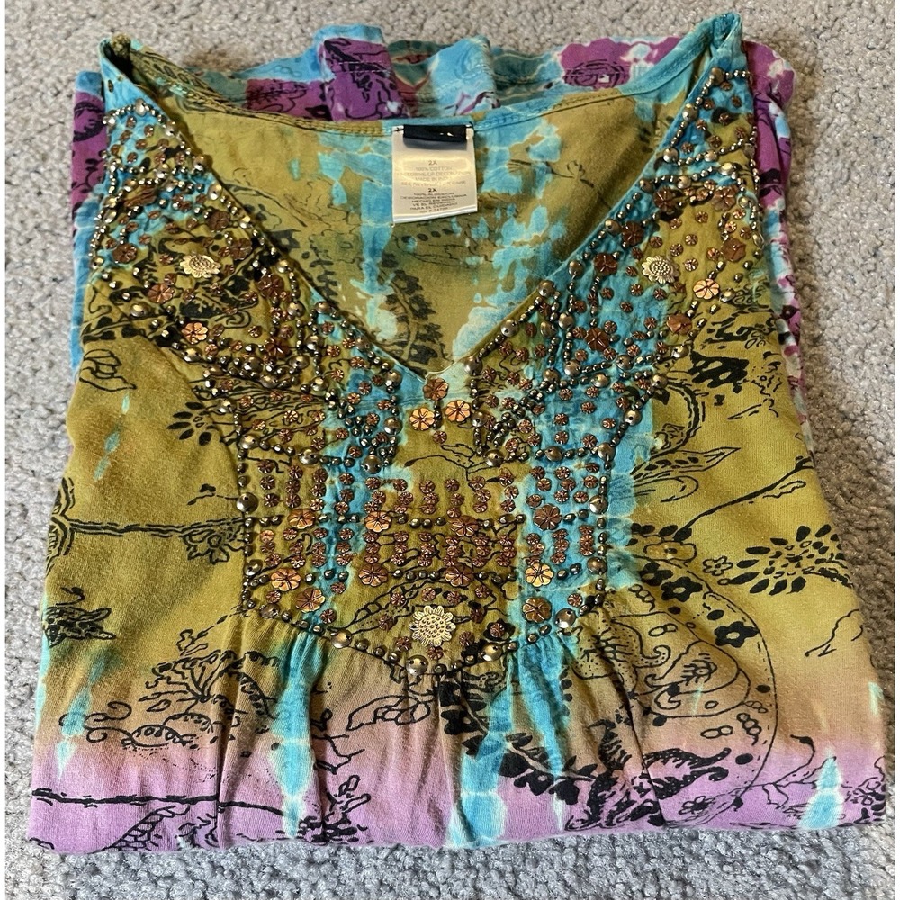 90s Bila Woman Beaded A-line Top 2X Blue Purple Abstract Pullover Boho Party - Picture 11 of 11
